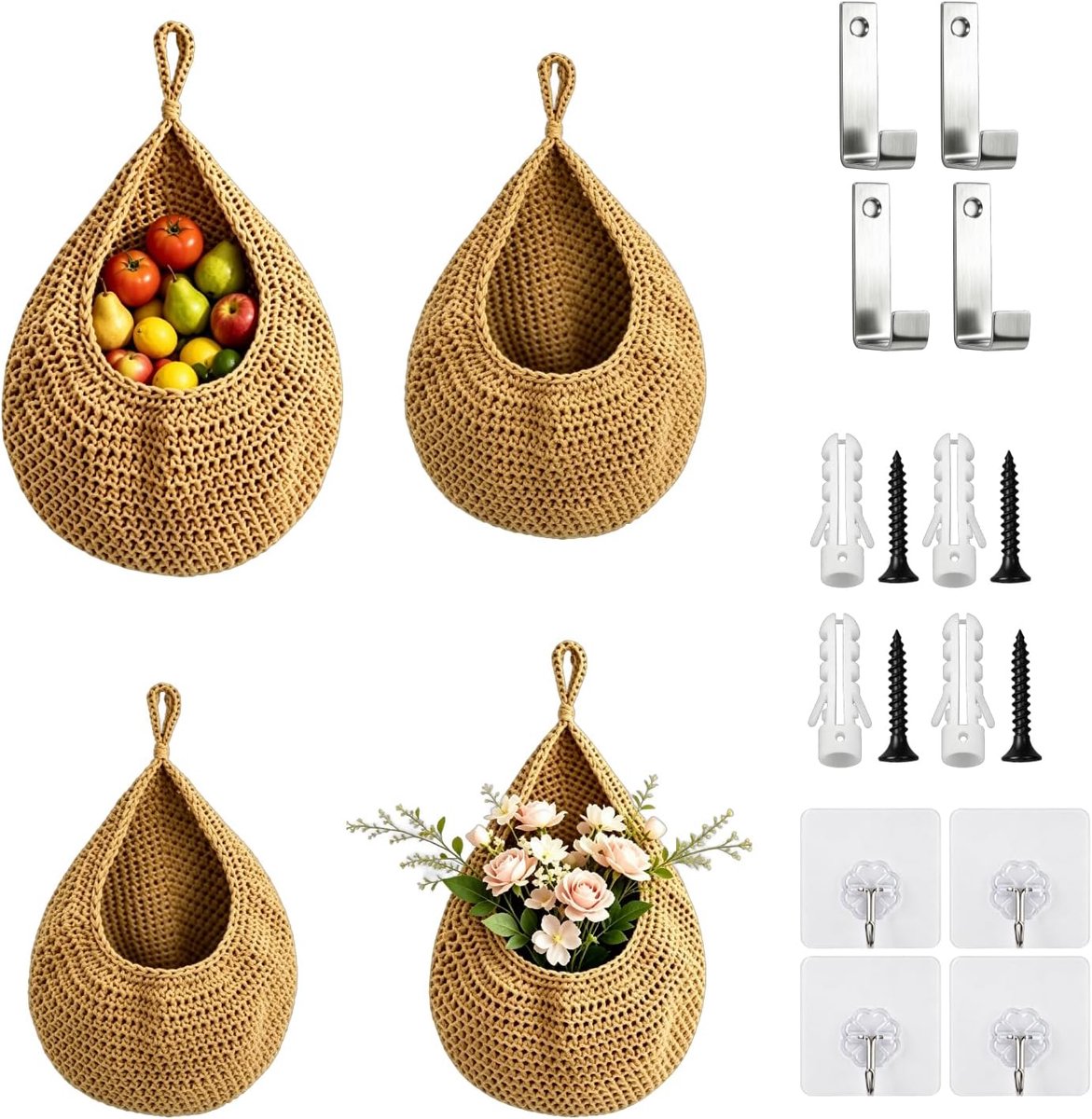 Set van 4 manden, hangend, in druppelvorm, fruitschaal