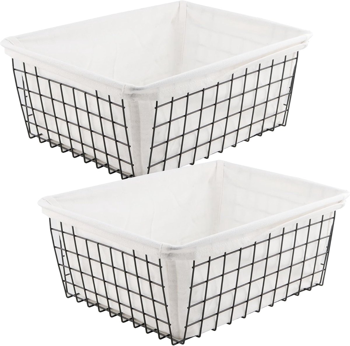 2 stuks metalen mand, zwart, draadmand met handvat en voering, 36 x 27 x 16 cm, metalen mand, groot, roostermand, opbergmand voor keuken, badkamer, kantoor