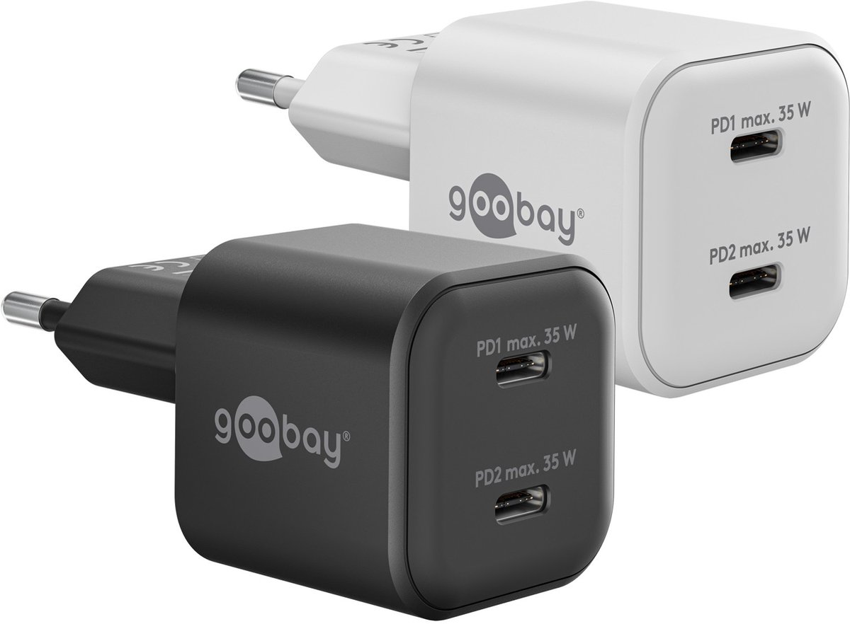 Goobay 35 W USB-C PD GaN dual snellader Nano wit, 2x USB-C poorten (Power Delivery)