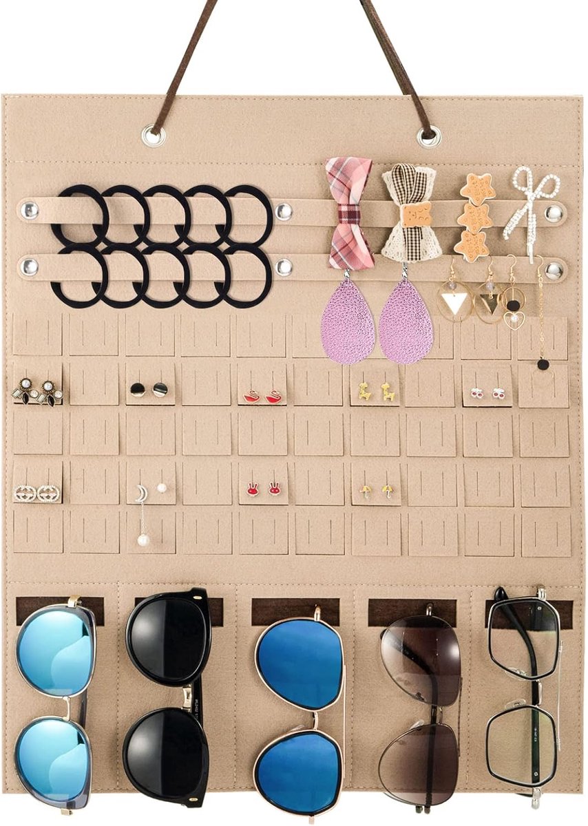 sieradenorganizer, vilt, sieradenopslag, opvouwbare zonnebril, organizer, wandmontage, sieradenorganizer voor sieraden, oorbellen, ringen, armbanden, halskettingen (40 x 50 cm)