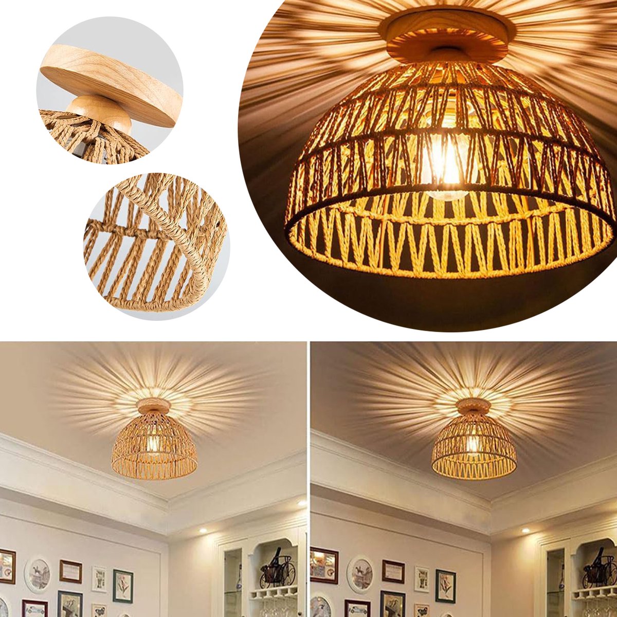 Rotan Plafondlamp, Handgeweven Kleine Kroonluchter, Boho Lampenkap Van Rotan, Natuurlijke Woondecoratie.