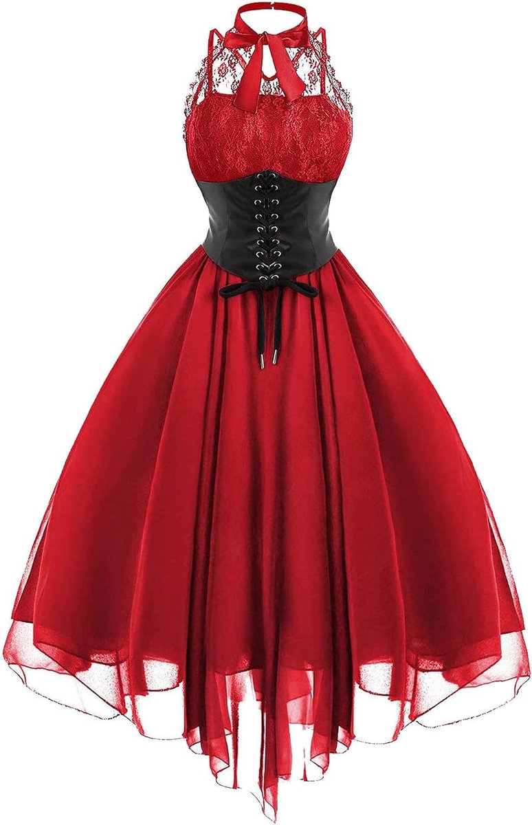 kinstell Mouwloze gothic korsetjurk voor dames, vintage, bloemenkant, cocktail, formele Halloween, punk, hippie jurken
