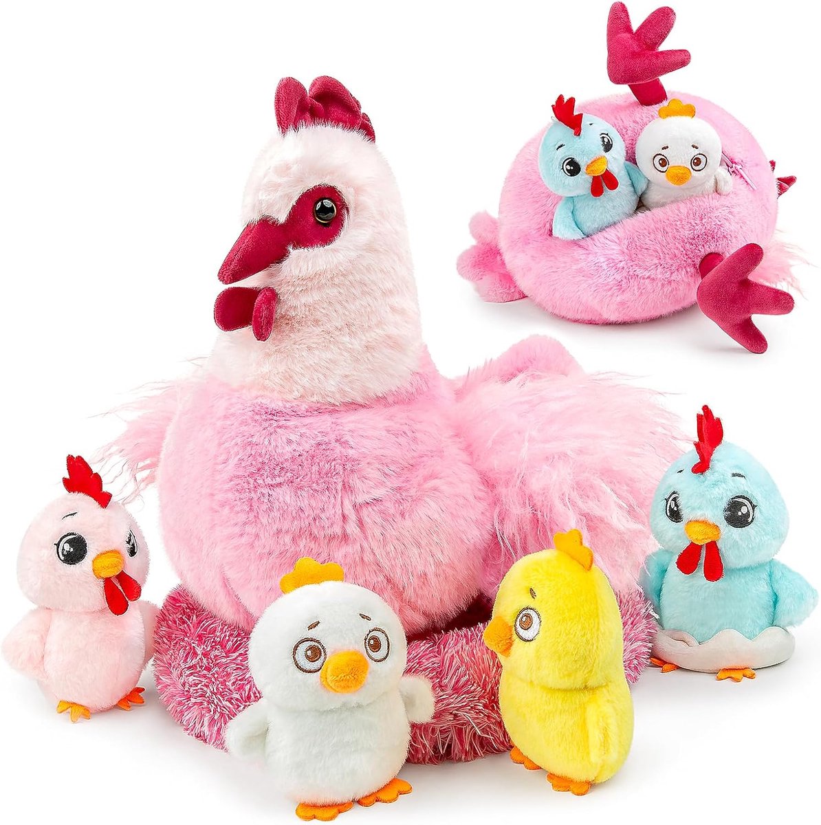Lilizzhoumax Pluche dier kip moeder interactief met ritssluiting buik knuffeldier kip met 4 kuikens boerderijdieren cadeau verjaardag Pasen voor kinderen jongens en meisjes
