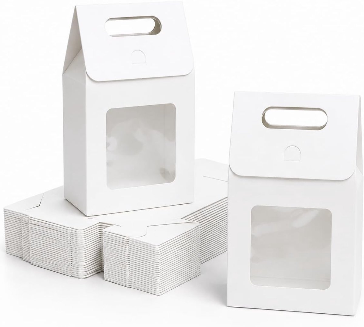 Sterke papieren opstaande geschenktas, 19,5 cm x 13,5 cm x 8 cm, witte kraftzak, snoepkoekjesdoos met doorzichtig venster - pak van 24