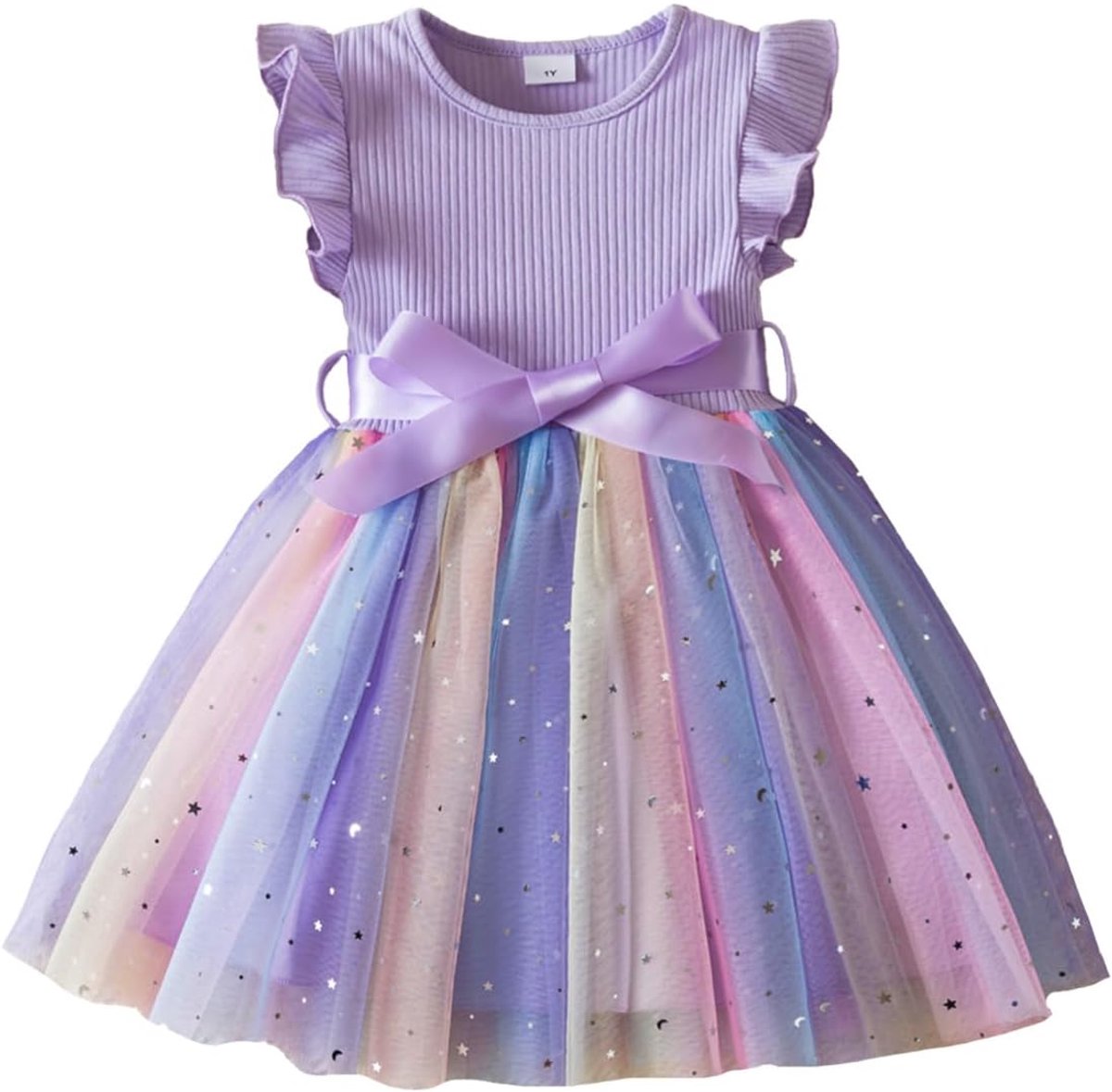 Tule-jurk voor peuters, meisjes, met ruches, mouwloos, bloemenborduurwerk, sterrenhemel, kleurverloop, babymeisjes, kleding