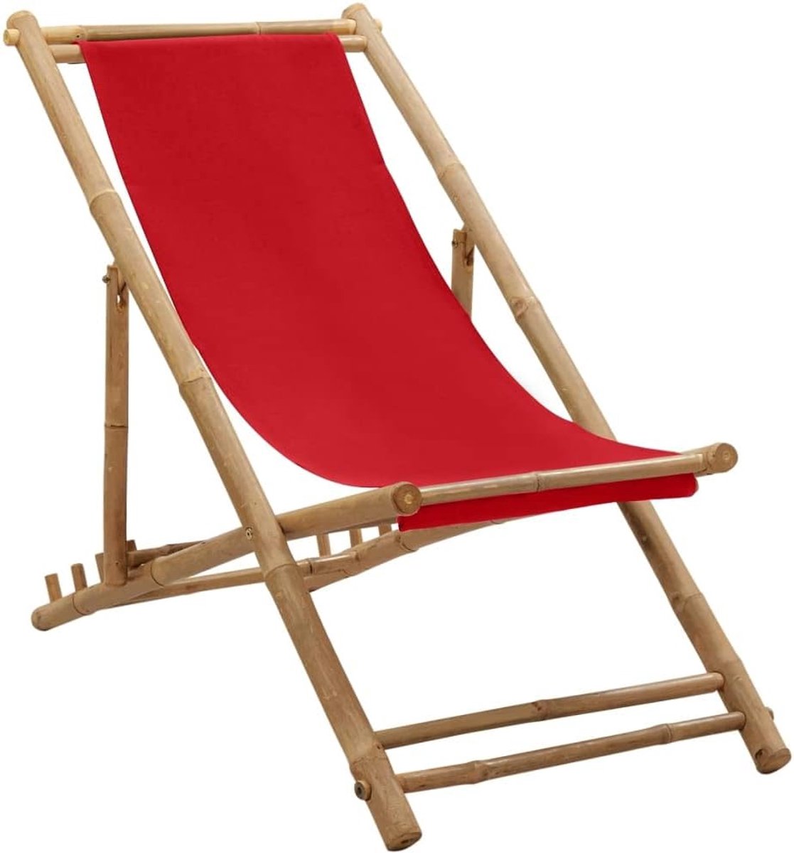 Ligstoel van bamboe en canvas, rood, terrasstoelen, vrijetijdsstoelen, outdoorstoelen, balkonstoelen voor terras, tuin, dekken