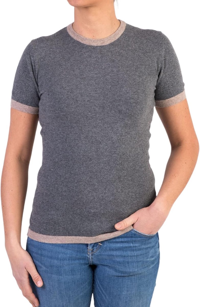 Hals voor dames, korte mouwen, tweekleurig, kasjmier, zijde, gemaakt in Italië, trui, halve mouw, merinowol, kasjmier, trui, beige, blauw, grijs, Grijs IJzer, XL