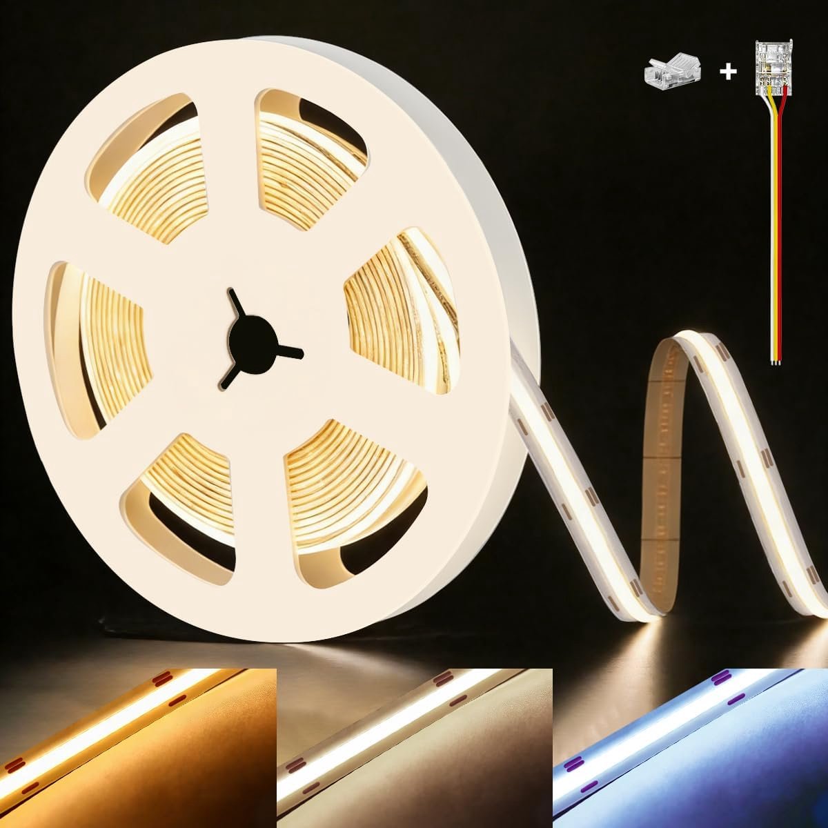 24 V COB ledstrip, CCT, warmwit, neutraalwit, koudwit, 2700 K-6500 K, 10 m, 576 leds/m, CRI90+, dimbaar, zelfklevend, ledstrip, lichtband, lichtstrip