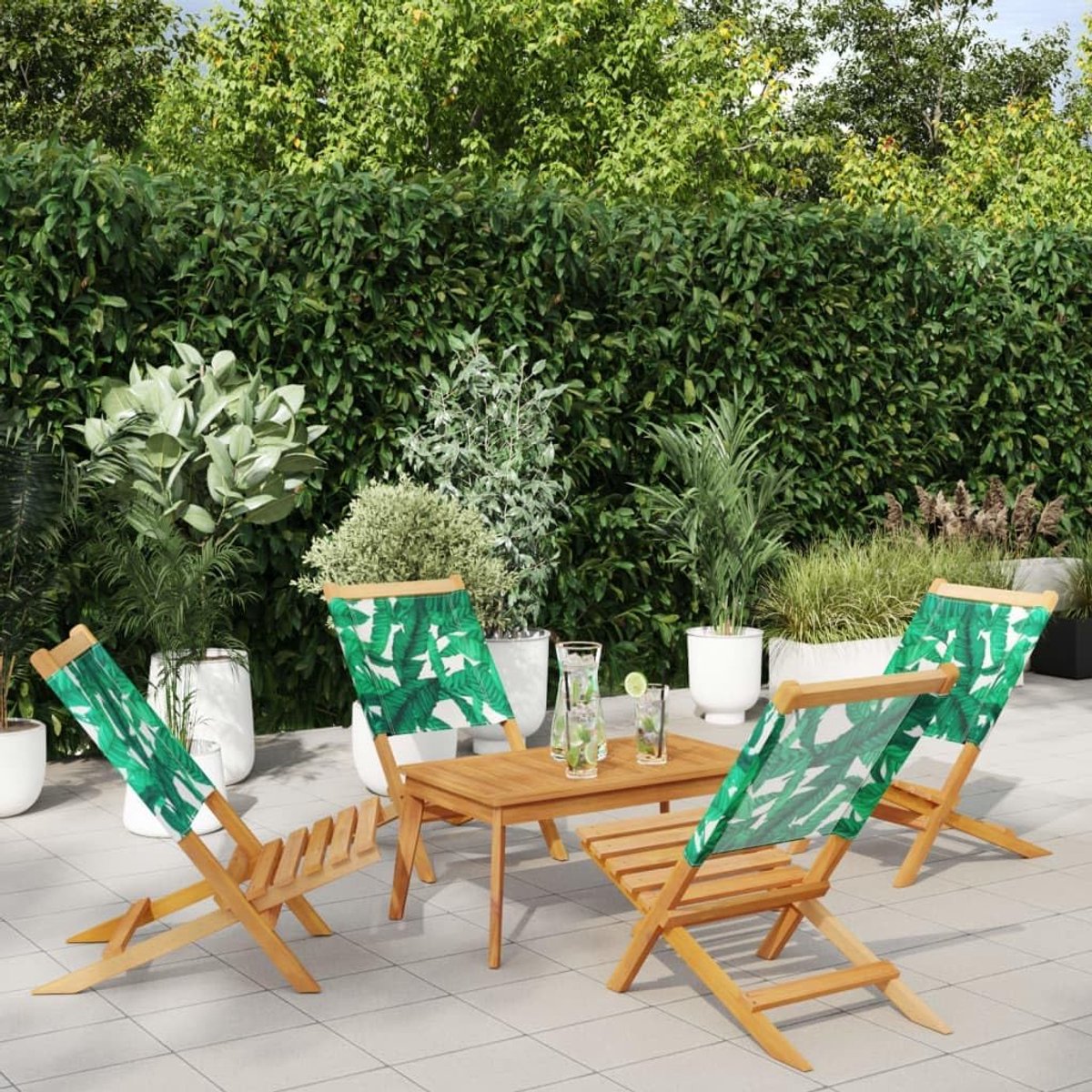 Tuinstoelen van massief acaciahout, 4 stuks, groene stof met platte armleuningen, gemakkelijk op te bergen en te vervoeren, ideaal voor terras, balkon en