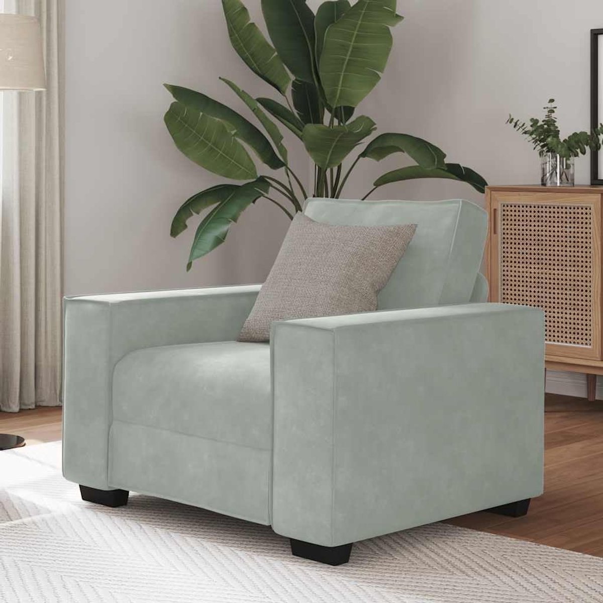 Lichtgrijs 60 cm fluwelen bank met brede armleuningen en robuust houten metalen frame voor woonkamer en kantoor