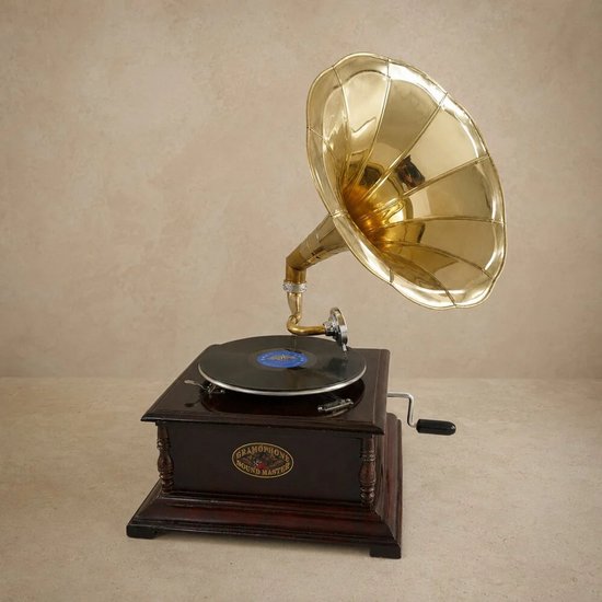 Platenspeler - Grammofoon Messing met Vierkante Hoorn – Luxe Vintage Stijl