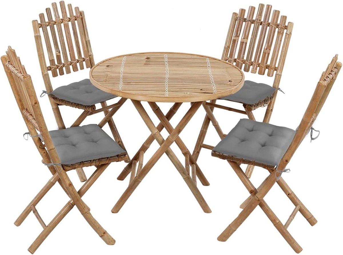 Tuin-eetkamerset, inklapbaar, met kussens, 5-delig, meubels, voor buiten, terras, binnenplaats, balkon, huis, keuken, tafel, stoel, zachte bamboe, grijs
