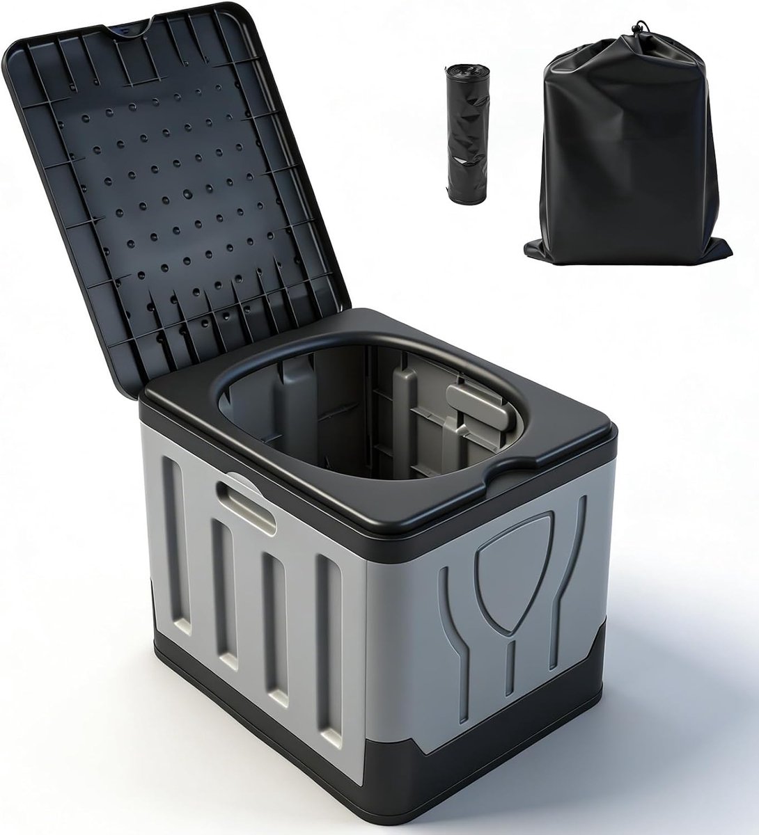 Draagbaar toilet met deksel, campingtoilet met opbergtas, draagbaar, robuust, draagkracht 100 kg, voor autoritten, wandelen, noodgevallen in de familie, 33 x 27 x 30 cm