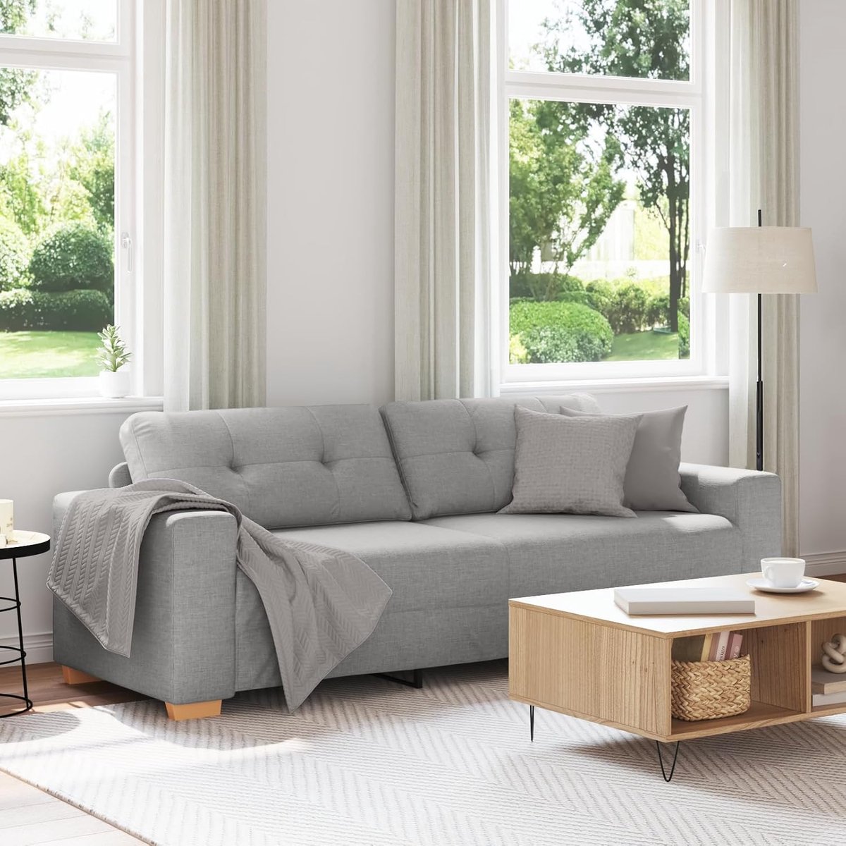 3-zitsbank, wolkengrijs, 180 cm, stof, relaxbank met polyesterweefsel en gevoerde schuimzittingen, voor woonkamer, ontspanning, comfort, stabiliteit door metalen frame