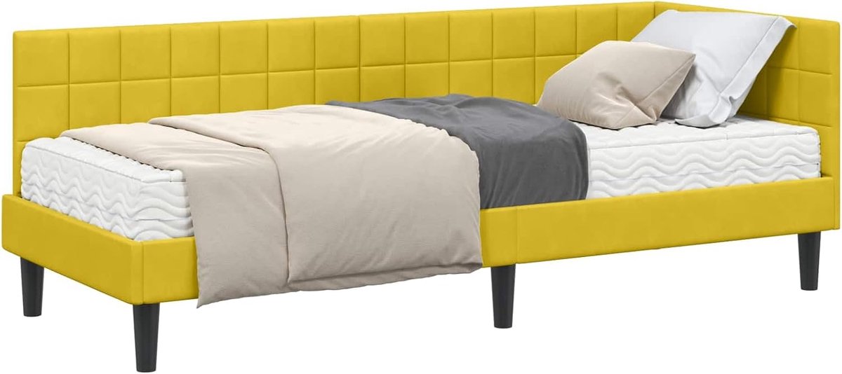Hoekbedframe met matras en verstelbaar hoofdeinde, 2 stuks, geel fluweel, middelsterk schuimmatras, stabiel multiplex frame, wandmontage design voor moderne slaapkamers