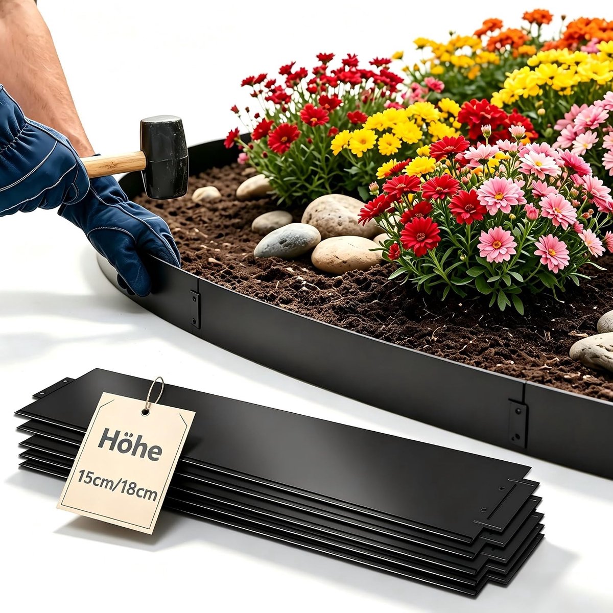 Verzinkt metaal, 5 m, 10 m, 15 m, 20 m, 25 m, 30 m, bed omranding, bloemomranding, maairand, palissade, omranding, tuinafbakening - lengte 10 m, hoogte 18 cm (zwart)