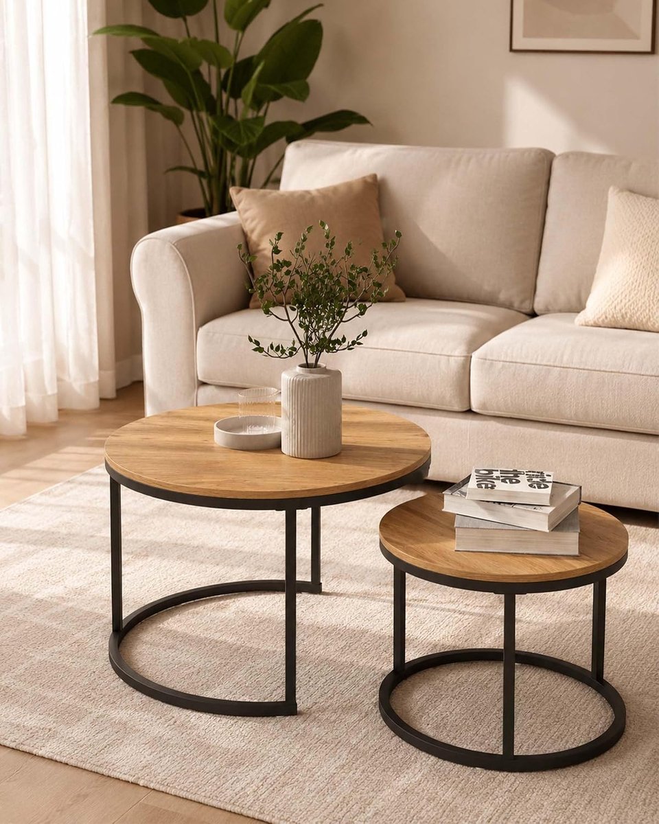 Set van 2, rond, hout, eiken, zwart, 70 x 70 x 45 / 50 x 50 x 35 cm