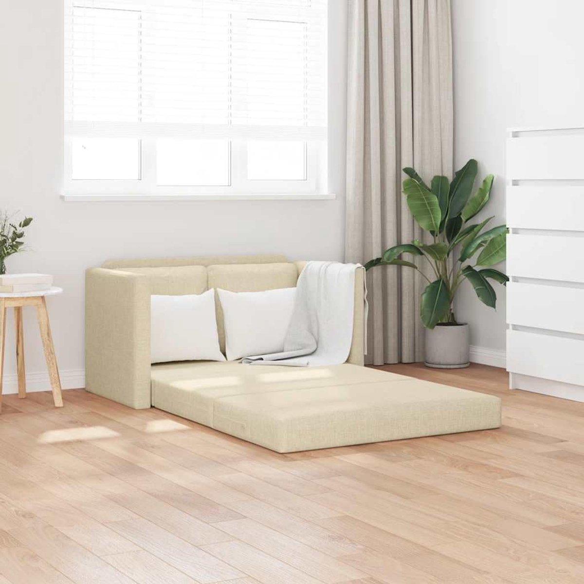 Vloerbank met slaapfunctie, crème, 112 x 174 x 55 cm, 2-in-1 stof, opvouwbaar, metalen frame