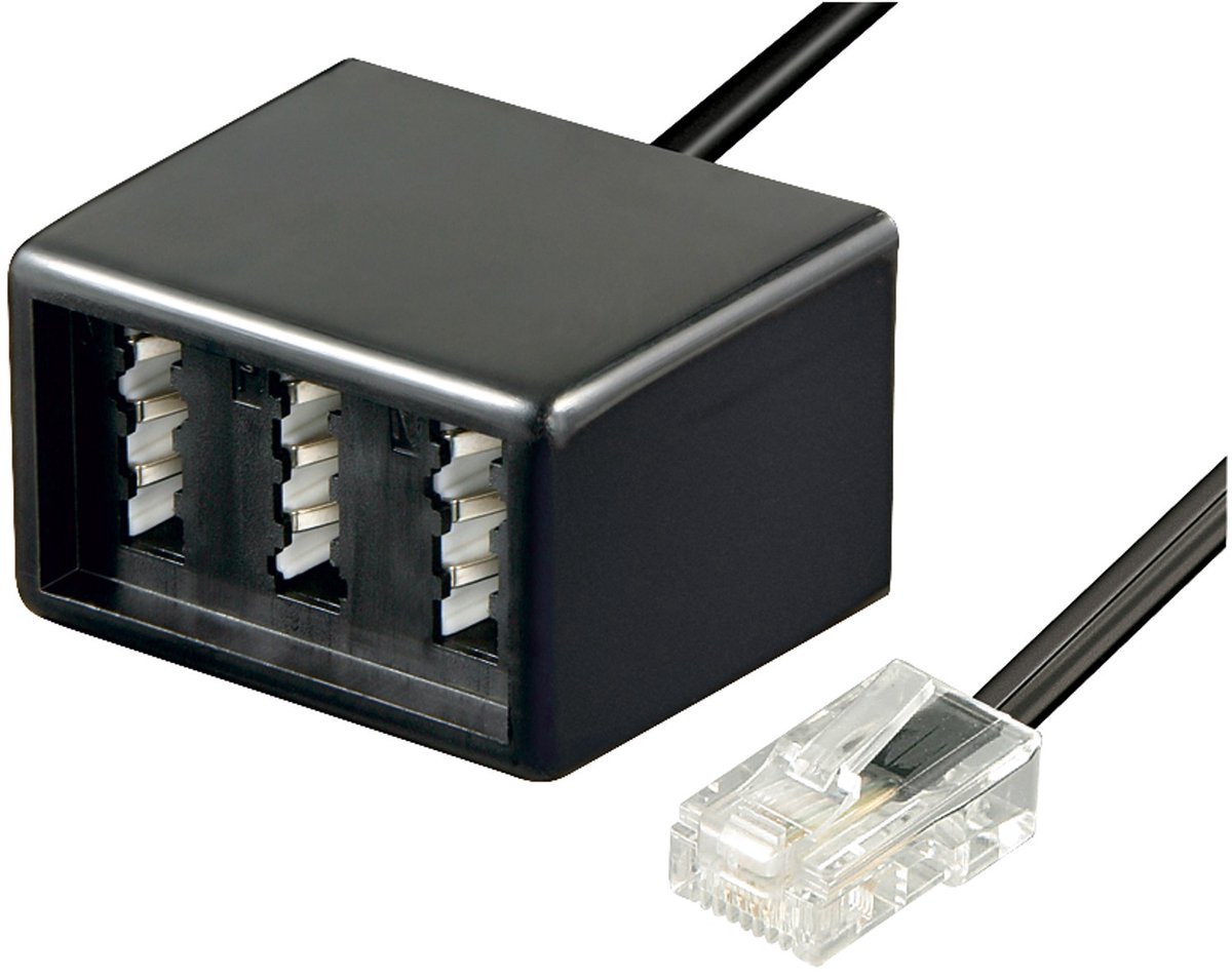 Image of Goobay Telefoonadapter 20 cm zwart, RJ45-stekker 8P4C naar 3 TAE N/F/N-bussen, CCA-geleider, met vergrendeling