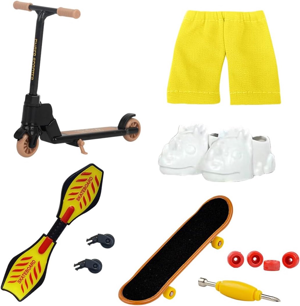 Scooterset, vingerboard, om te oefenen met reparatiegereedschap en kleding voor kinderen, volwassenen, feestjes en gunsten (geel)