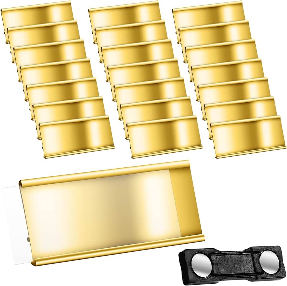Naambordjes, naambordjes met dubbele magneet, magnetisch naambordje met kaartsleuf, geanodiseerd, transparant, 72 x 32 mm, goud