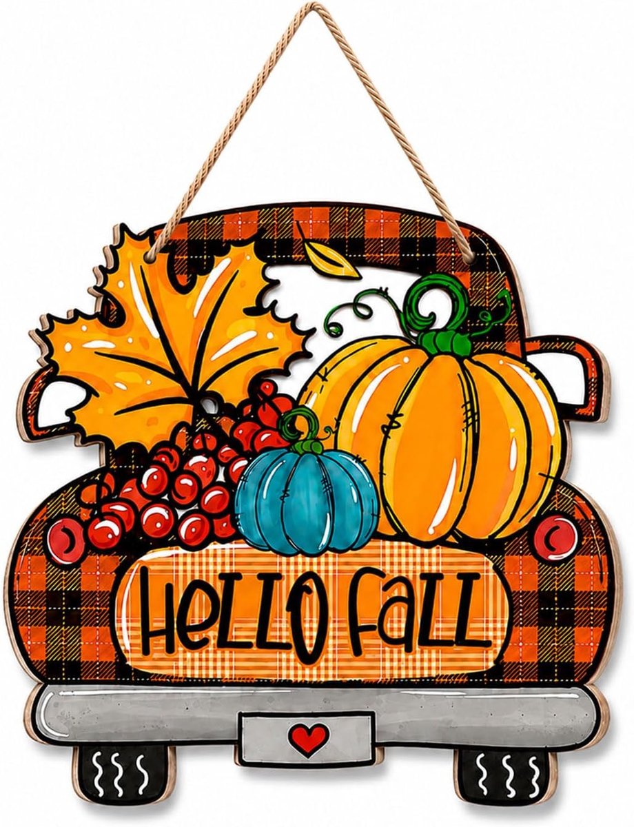 Deurhanger Herfst Decoratie, Pompoen Vrachtwagen Deurbord met Herfstmotief en Bladeren, Rustieke Houten Decoratie voor Voordeur Muur Raam, Landhuisstijl Seizoensgebonden
