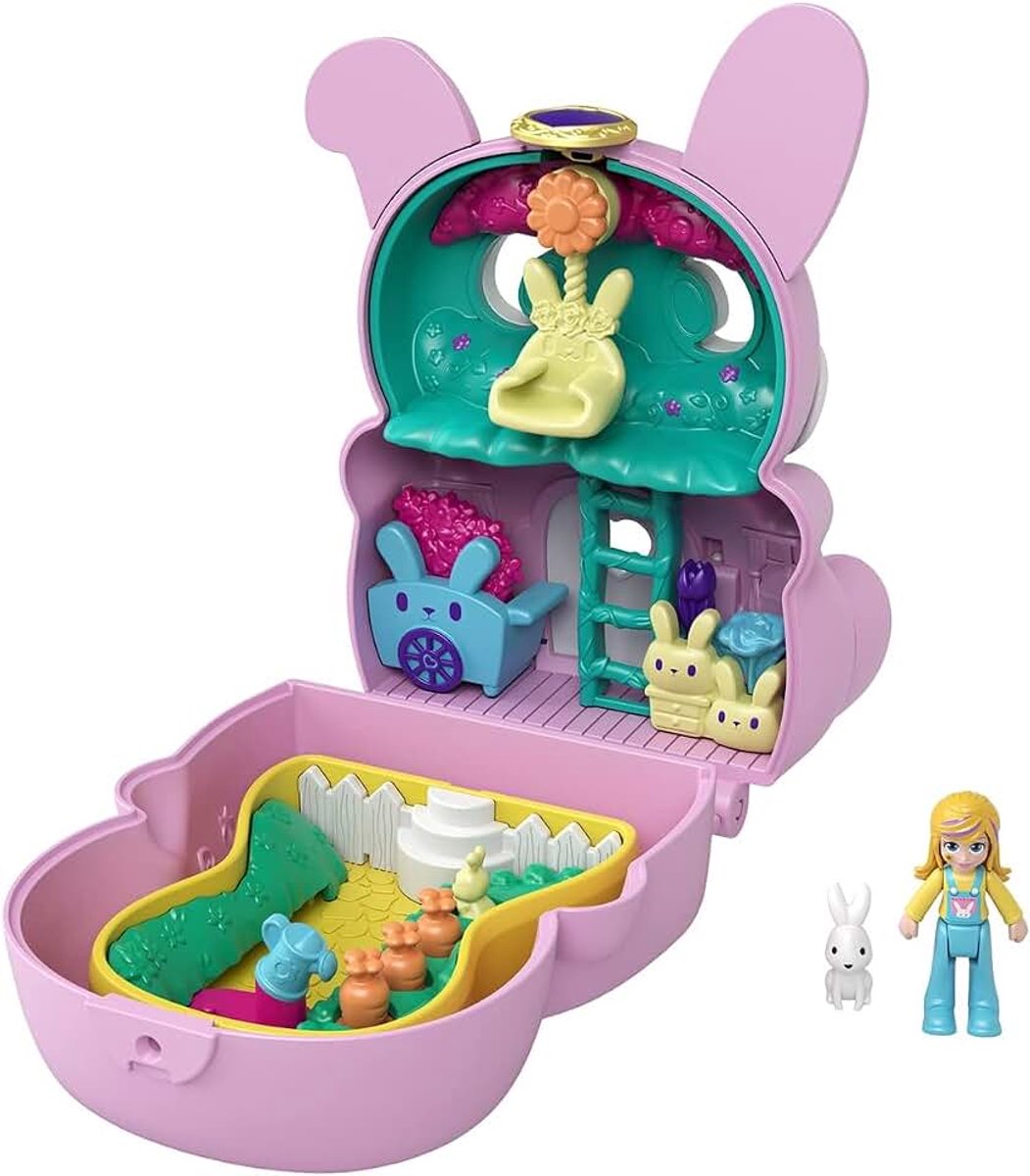 Polly Pocket Flip en Vind Konijn Compact, opengeklapt ontstaan twee speeloppervlakken, met Micro Polly pop, konijnfiguur en leuke verrassingen, geweldig cadeau voor kinderen jaar