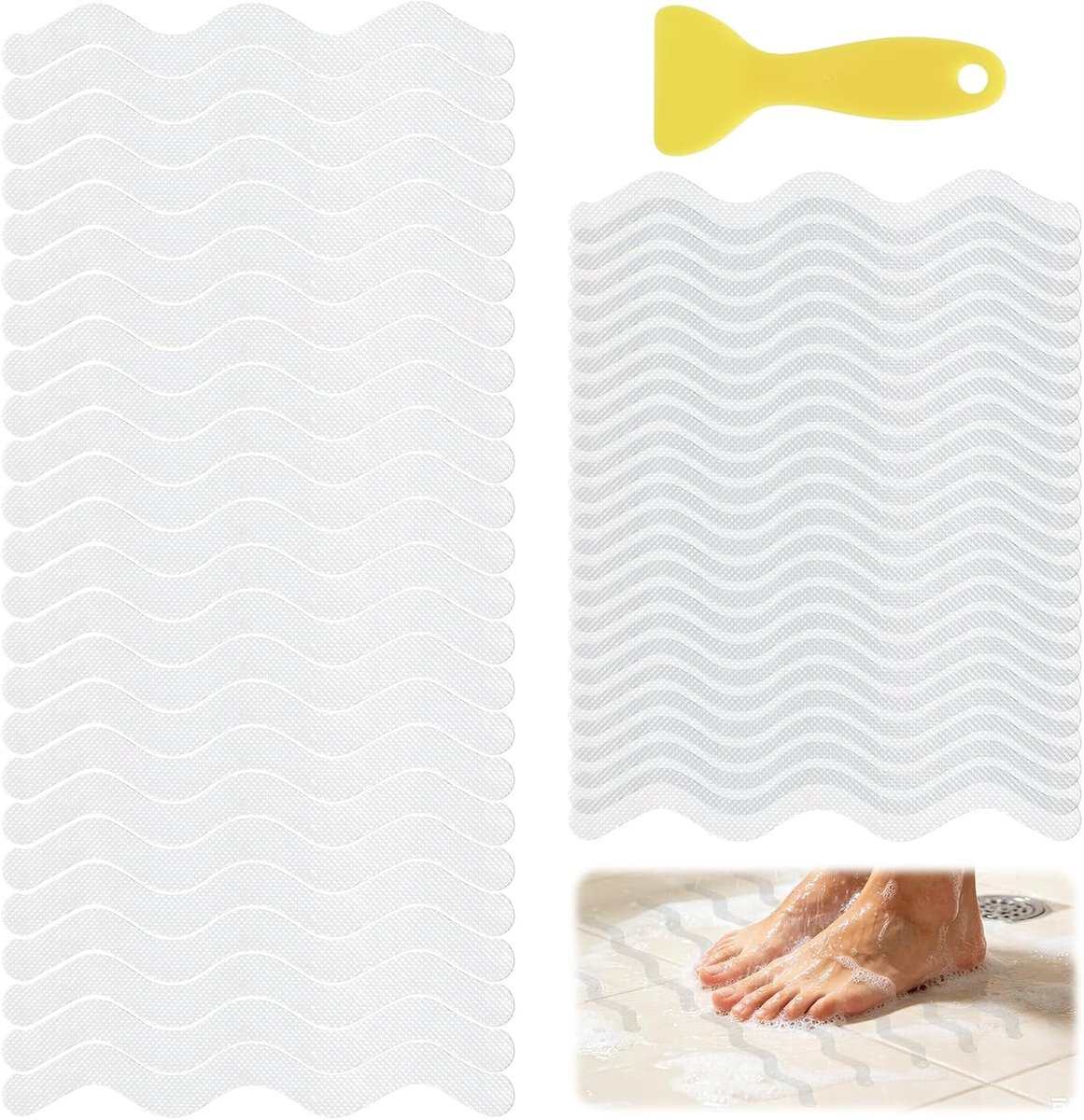 Antislipstickers voor douche en badkuip, 48 stuks transparante antislipstrips met schraper, zelfklevende veiligheidspads voor antislip vloeren, trappen en treden in de badkamer