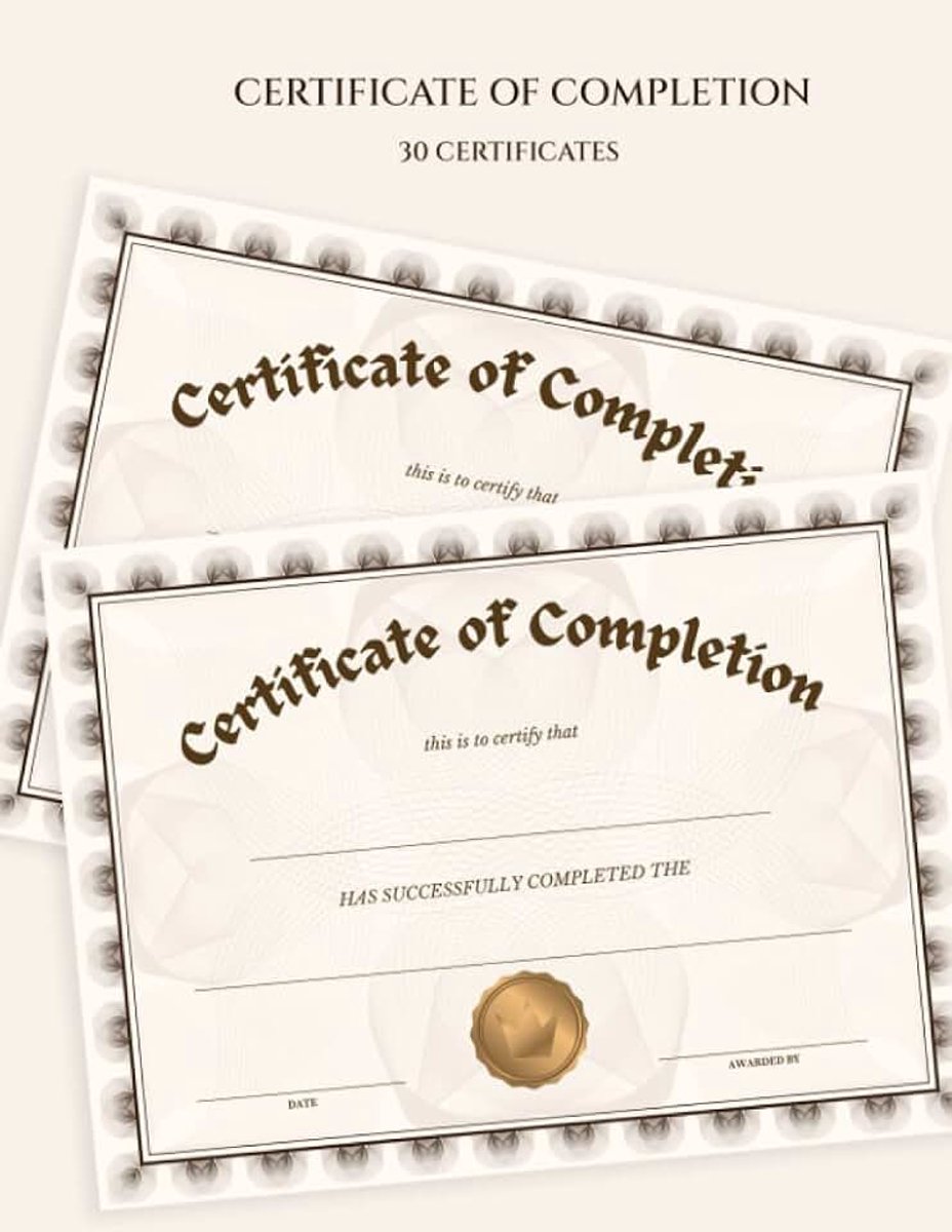 Certificate of Completion: 30 Certificates of Completion Non Perforated | Award Certificate Paper | Fill-in-blank Certificate | Diploma Certificate | Course Completion Award