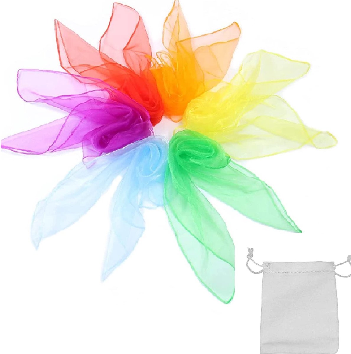 Kleurrijke Chiffondoeken, Jongleerdoeken, Dansdoeken, Sensorisch Gereedschap, Vierkante Doeken voor Kinderen en Volwassenen, 6 Stukken, 60 x 60 cm, Inclusief Witte Tunneltrektas