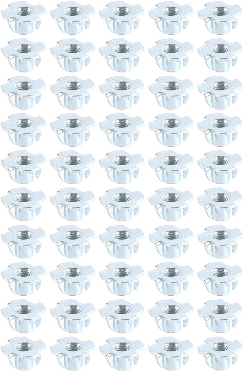 50PCS Drive-in moeren met 4 Drive-In Tips, M8 x 10mm gegalvaniseerd koolstofstaal schroefdraad kokermoeren voor hout, planken, meubels, constructies, klimwand
