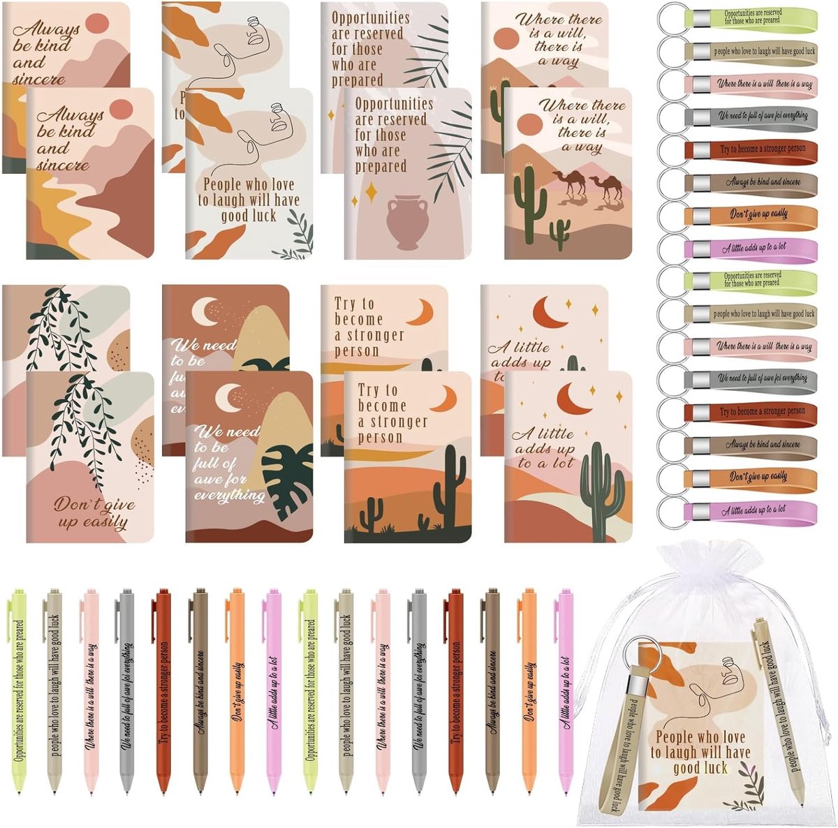 64-delige Motiverende Mini-Notitieboeken Bulk Cadeauset, Inspirerende Zaknotitieboeken met Motiverende Citaten, Balpennen, Sleutelhangers & Cadeauzakjes, Bedankcadeaus voor Leraren, Collega's