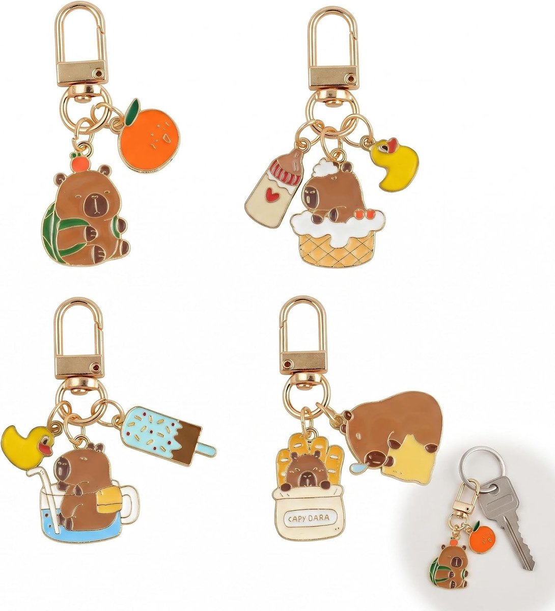 Capybara Sleutelhangers, 4 stuks, schattige cartoon-dieren voor rugzakken en sleutels, decoratieve kleine Capibara, sleutelhanger voor dames en meisjes, grappig en origineel cadeau