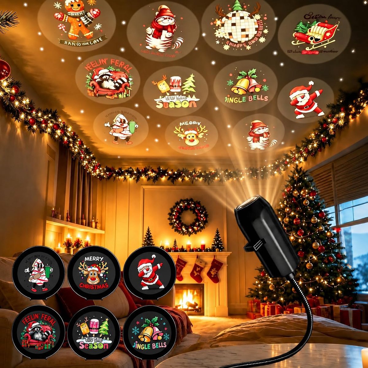 kerstprojector - Met 6 Kerstafbeeldingen - USB Oplaadbaar - 2-in-1 Projector - Kerst Led-projector - Draagbare vakantieprojector - Projectorlamp - Mini Feestelijke Projector - Flexibele Hals - Kerstcadeaus - Kerstdecoratie - Zwart