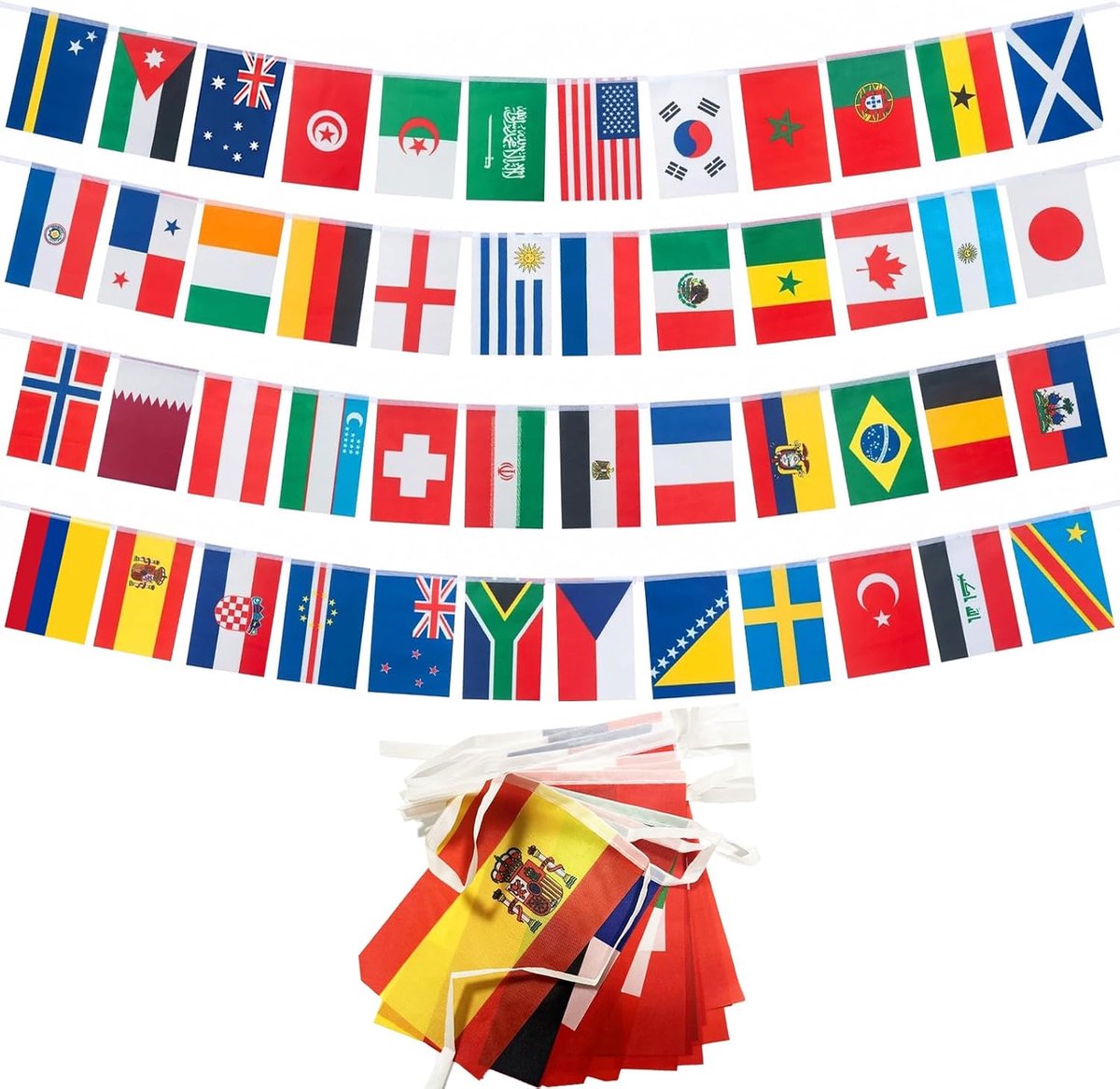 48 stuks wereldvlaggenlijn 15 m lang 14 x 21 cm - 48 landen landen internationale vlaggen voor WK 2026 feestdecoraties, dubbelzijdige stoffen banner voor voetbalbar, club, tuin