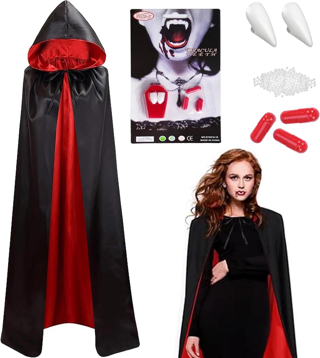 vampierkostuum - Dubbele SATIJN cape met capuchon & vampiertanden & nepbloed, 90/120/140/150 cm Halloween cape vampier rood zwart caper Dracula kostuum volwassenen dames meisjes