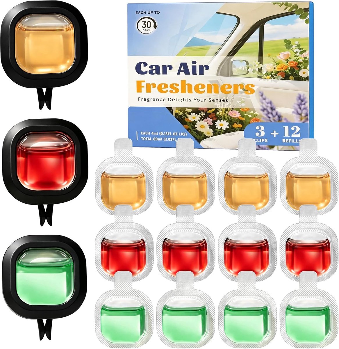 Autoluchtverfrisser-clipset 15 stuks - Citrus, Kers, Muskus - flexibele geurkeuze - eenvoudig te bevestigen - ShopVlot