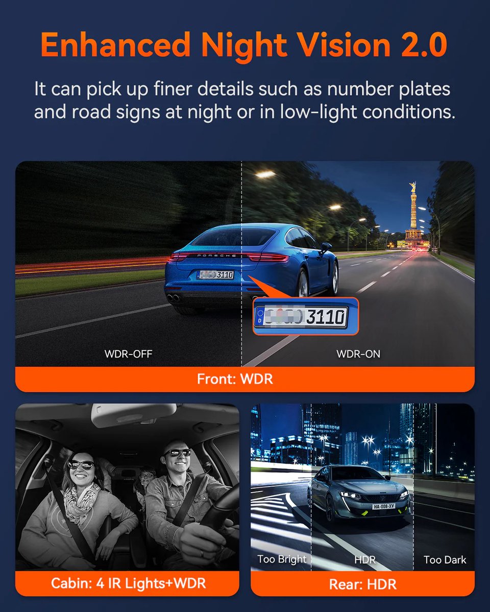 VANTRUE E3 3-kanaals 2.7K WiFi-dashcam – met GPS, spraakbesturing, STARVIS-sensor, infrarood nachtzicht, 24-uurs gebufferde parkeermodus, 3-weg opname (1944P + 1080P + 1080P) voor en achter, ondersteunt max. 512GB thumbnail 4