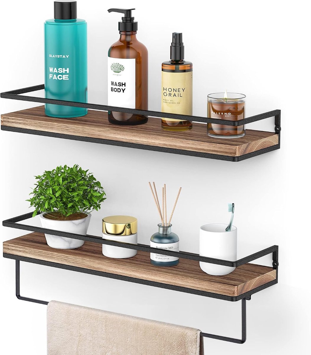 Zwevende wandplanken en metaal, set van 2 houten wandplanken, voor woonkamer, slaapkamer, kantoor, badkamer of keuken