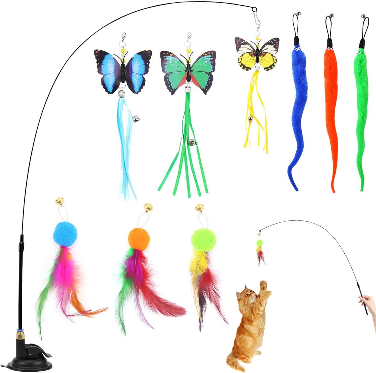 Interactief Kattenspeelgoed Cat Toy Intelligentie Katten Speelgoed Kattenhengel Stabiel Met Veren en Zuignap Kittenspeelgoed Simucatstick Kattenspeeltjes Voor Kleine Grote Katten (stijl 1)