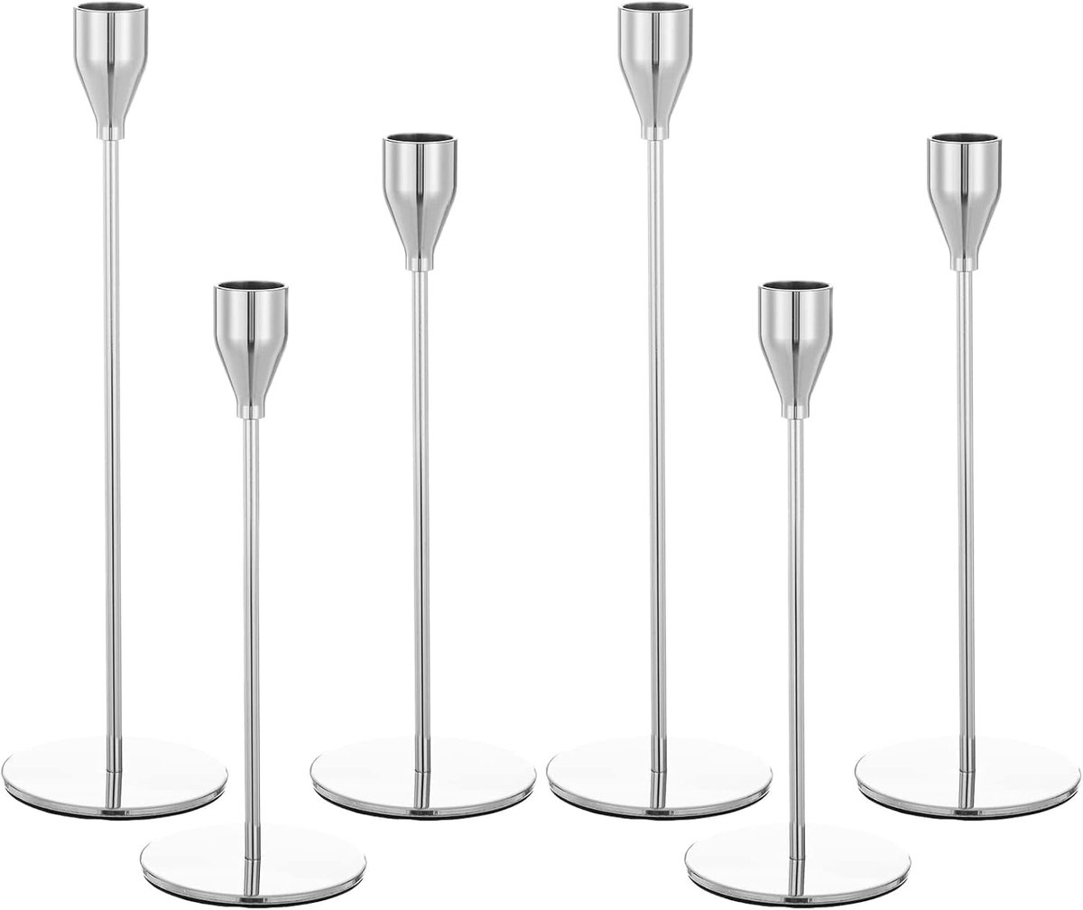 Set van 6 zilveren kandelaars, Franse kandelaars voor conische kaarsen, kaarsenhouder past 3/4 inch dikke kaarsen, kandelaars voor bruiloft, feest, woondecoratie, diner bij kaarslicht