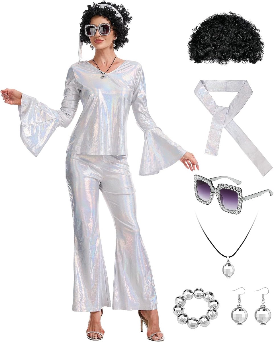 Disco-outfit voor dames, jaren 70, 9-delig, discokostuum met uitlopende broek, jaren 60 en 70 discoaccessoireset voor carnaval, Halloween, themafeest
