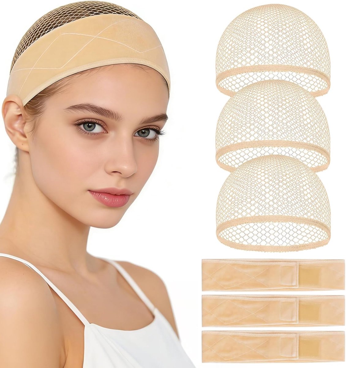 6 stuks pruikbanden, antislip met 3 haarbanden + 3 haarnetjes, elastische verstelbare fluwelen pruikband, antislip, rekbaar ademend haarnet voor pruiken, voor cosplay party (huidskleuren)