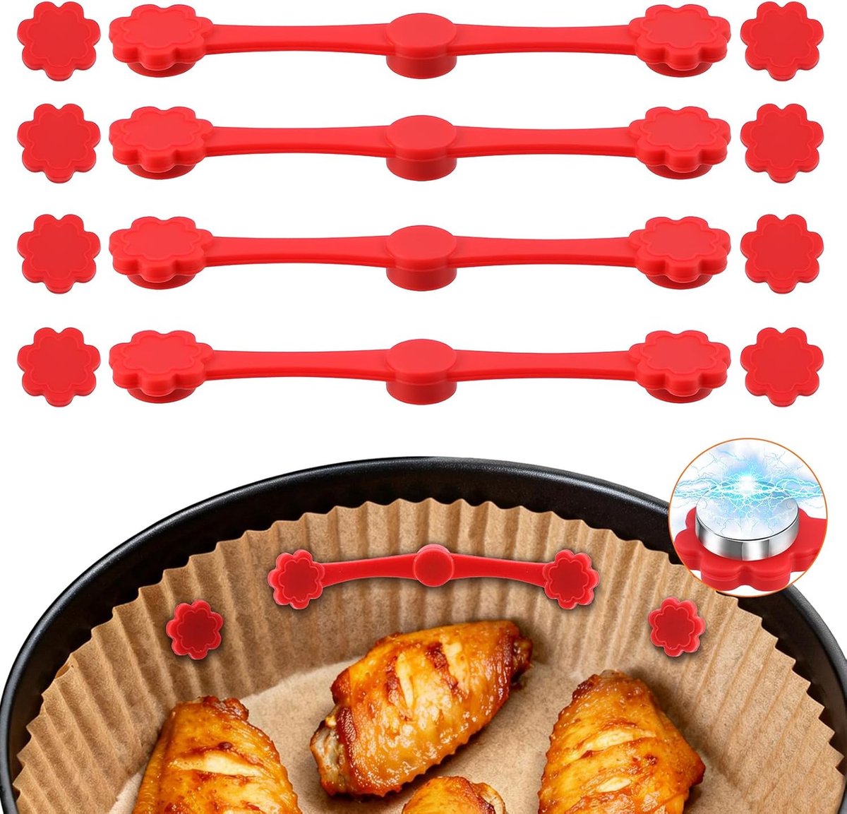 12 stuks magneten voor airfryer bakpapier, siliconen, magnetische siliconen gespen voor heteluchtfriteuse, voor het fixeren van wegwerp bakpapier, voorkomt wegglijden en verbranden, rood