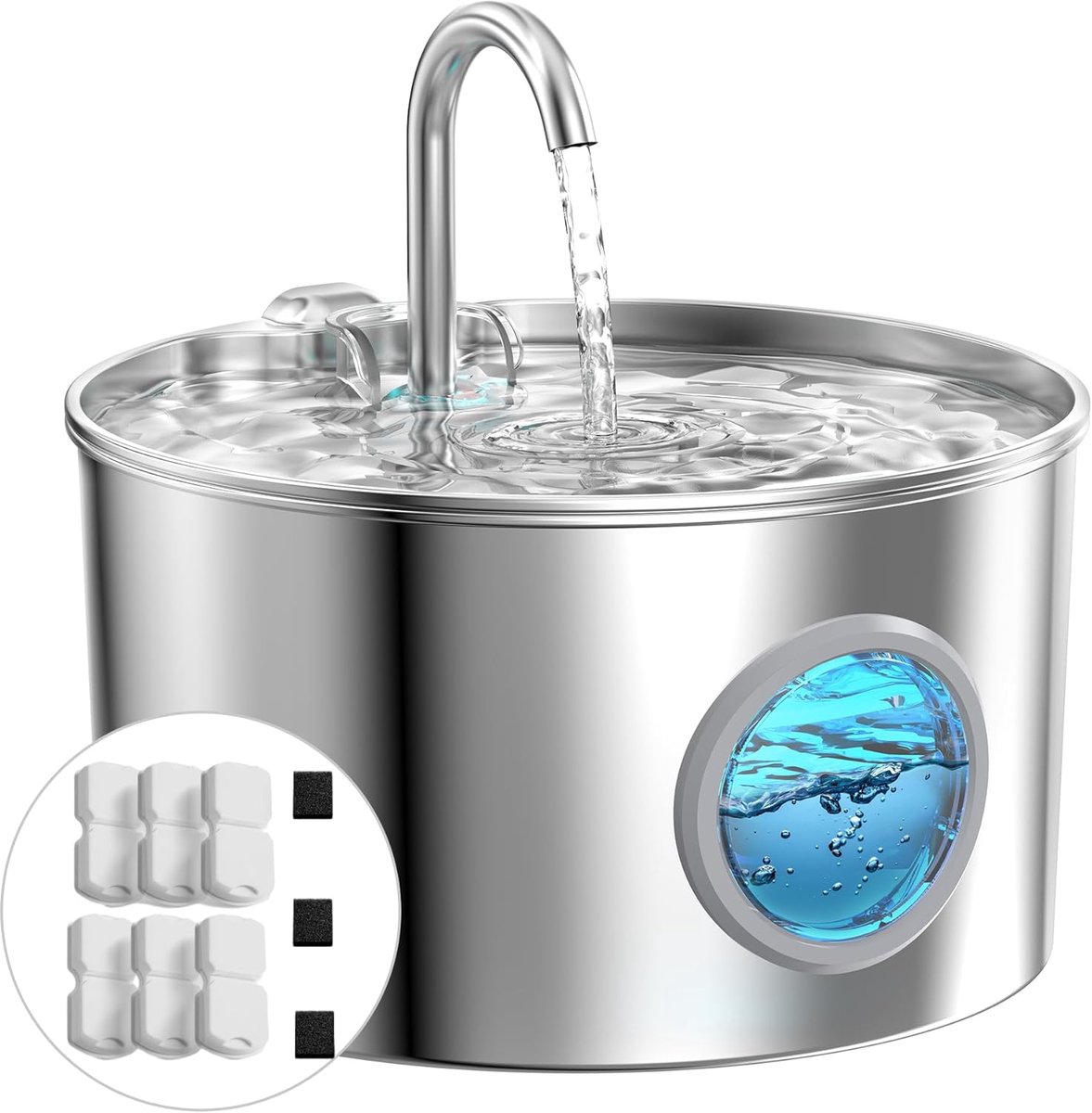 Kattenfontein, automatische kattendrinkbak, 2,2 l, waterfontein voor katten, zeer stil, waterdispenser voor katten en honden, met 6 filters + 3 sponzen