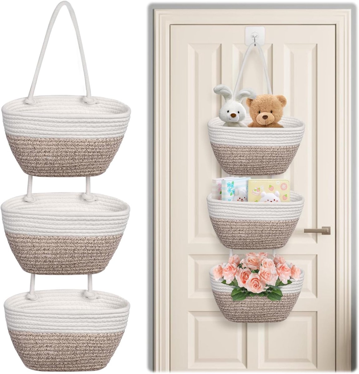 Hangende mand 3 dieren gevlochten katoenen touw muur gemonteerd opslag mand decoratie (wit + bruin)
