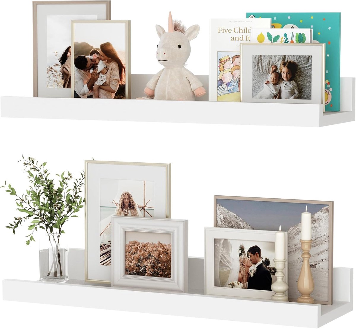 Zwevende planken voor muur, 40,6 cm houten zwevende planken set van 2, foto rand plank voor boeken fotolijsten, wandgemonteerde planken voor badkamer slaapkamer woonkamer keuken, wit