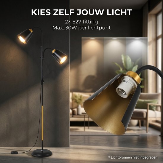 Zwarte staande lamp met twee verstelbare lampenkappen, gouden accenten en een houten detail. E27 fitting, max 30W per lamp.
