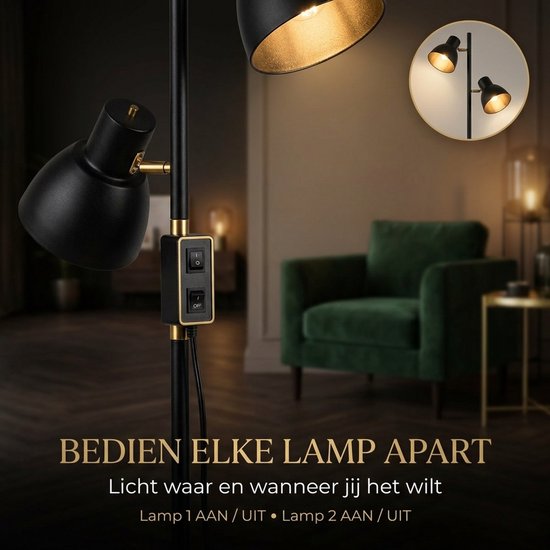 Zwarte staande lamp met twee richtbare lampenkappen en schakelaar. Gouden details. Tekst: Bedienen elke lamp apart.