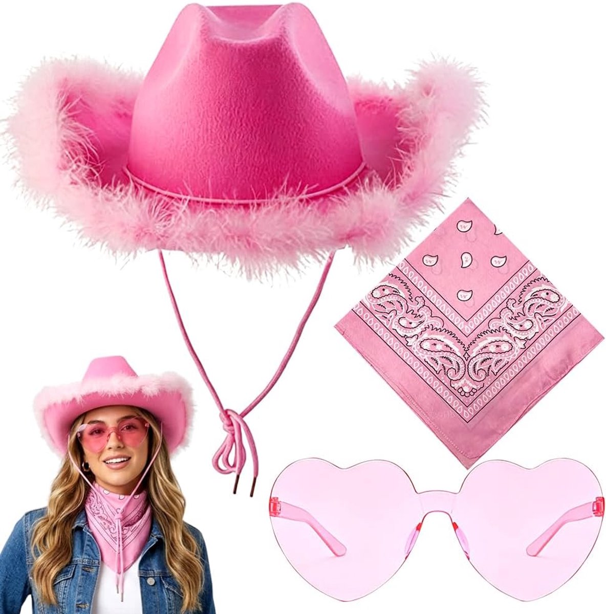 Cowboykostuum Accessoires Hoed Bandana's Zonnebrillen Westernkledingaccessoires Cowboyhoeden Cowboykostuum Accessoires Sets Cowgirlhoeden Volwassen voor Feest Halloween(Roze)